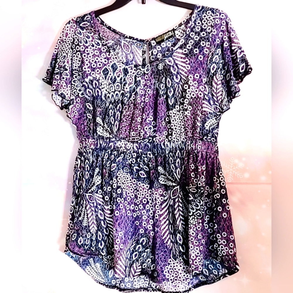 FLUTTER SLEEVE ELASTIC WAIST GEOMETRIC PATTERN TOP WOMEN'S SIZE M